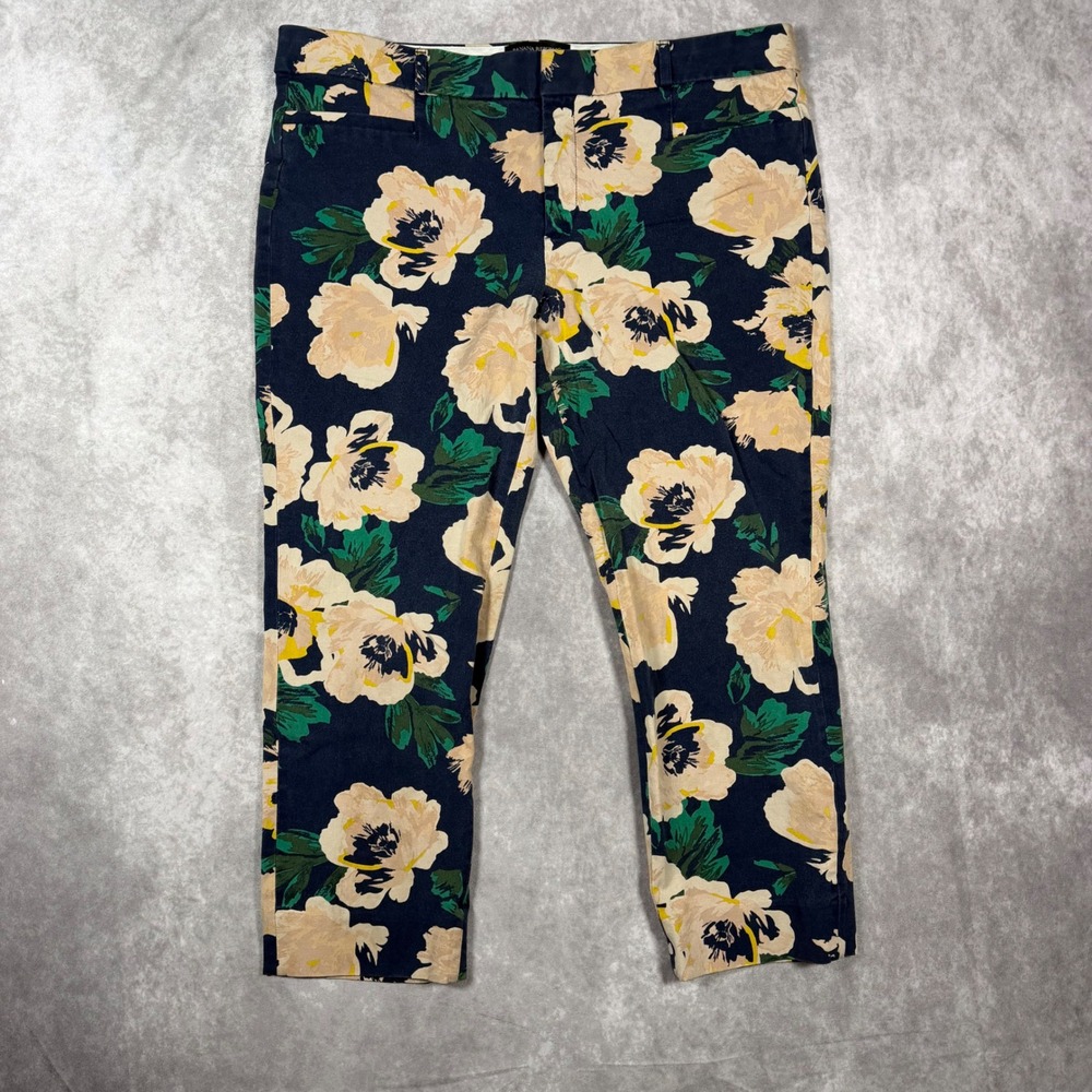 Banana Republic Sloan Fit Floral Pants Navy Blue Cream Green Size 14 Cropped